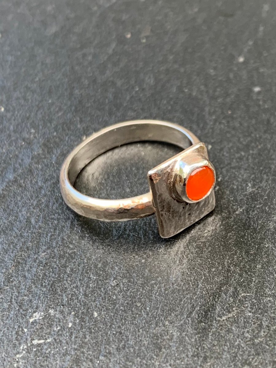 ‘Framed’ Carnelian Cabochon on Sterling Silver Ring, 100% handmade. K to M only 