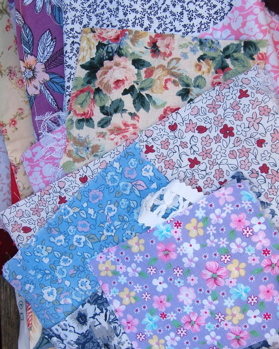 Reclaimed Floral Fabric buttons, thread, lace, ribbon.  Slow stitching, applique