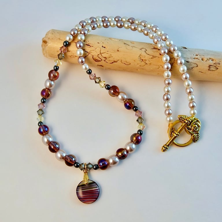 Czech Glass Pearl Necklace With Crystals & Glass Disc Pendant- Handmade In Devon