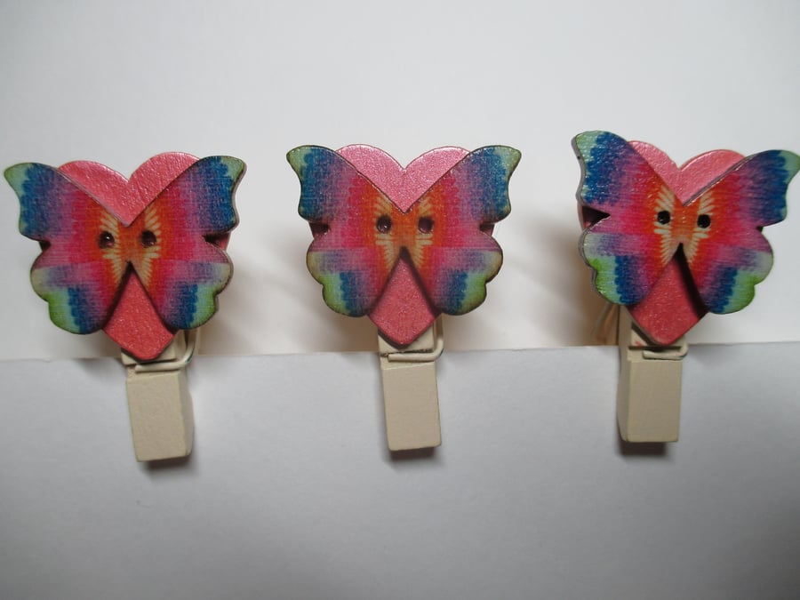 Butterfly on Love Heart Peg Clip Mini Peg Set of three Pink and Rainbow