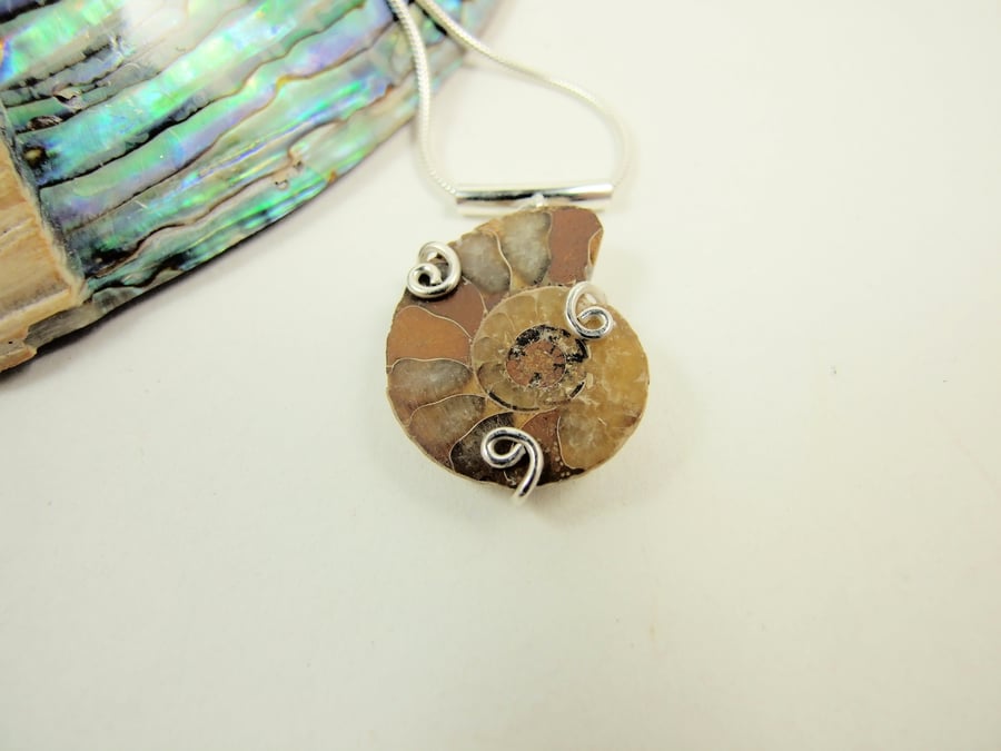 Ammonite Necklace, Sterling Silver with Ammonite Fossil