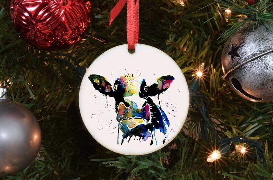 Rainbow Cow - Cow Art Tree Decoration.Cow Xmas Tree Decoration, Dairy Cow Christ