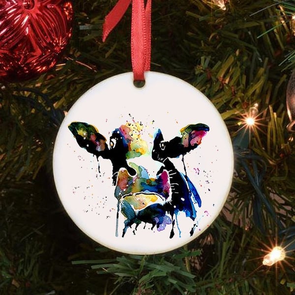 Rainbow Cow - Cow Art Tree Decoration.Cow Xmas Tree Decoration, Dairy Cow Christ