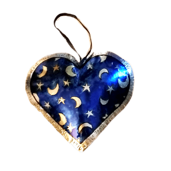 Metal Heart hanging decoration. Blue with stars and Moons pattern.Handmade.