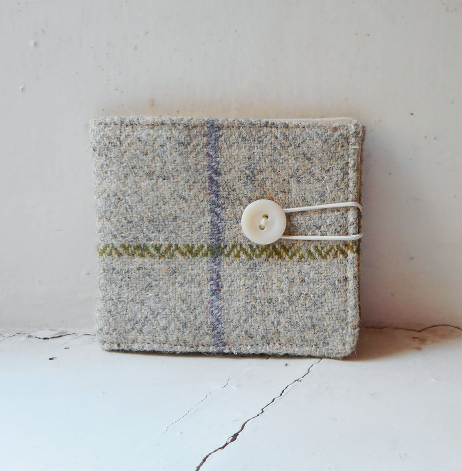 Fabric card or teabag wallet in checked harris tweed and cotton 