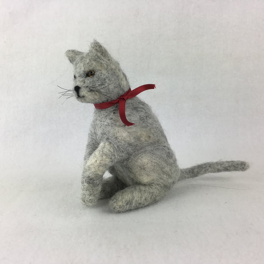 Needle felted grey cat, collectable animal sculpture, ornament or decoration