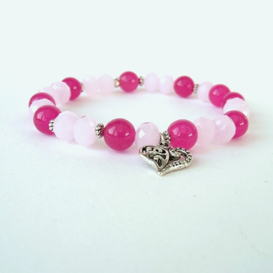 Pink stretchy heart charm bracelet, with gemstones and crystals