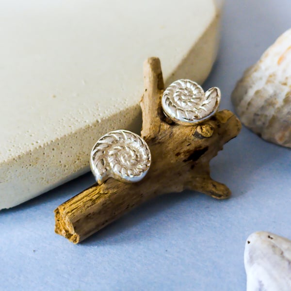 Ammonite Studs - Recycled Fine Silver Coastal Earrings