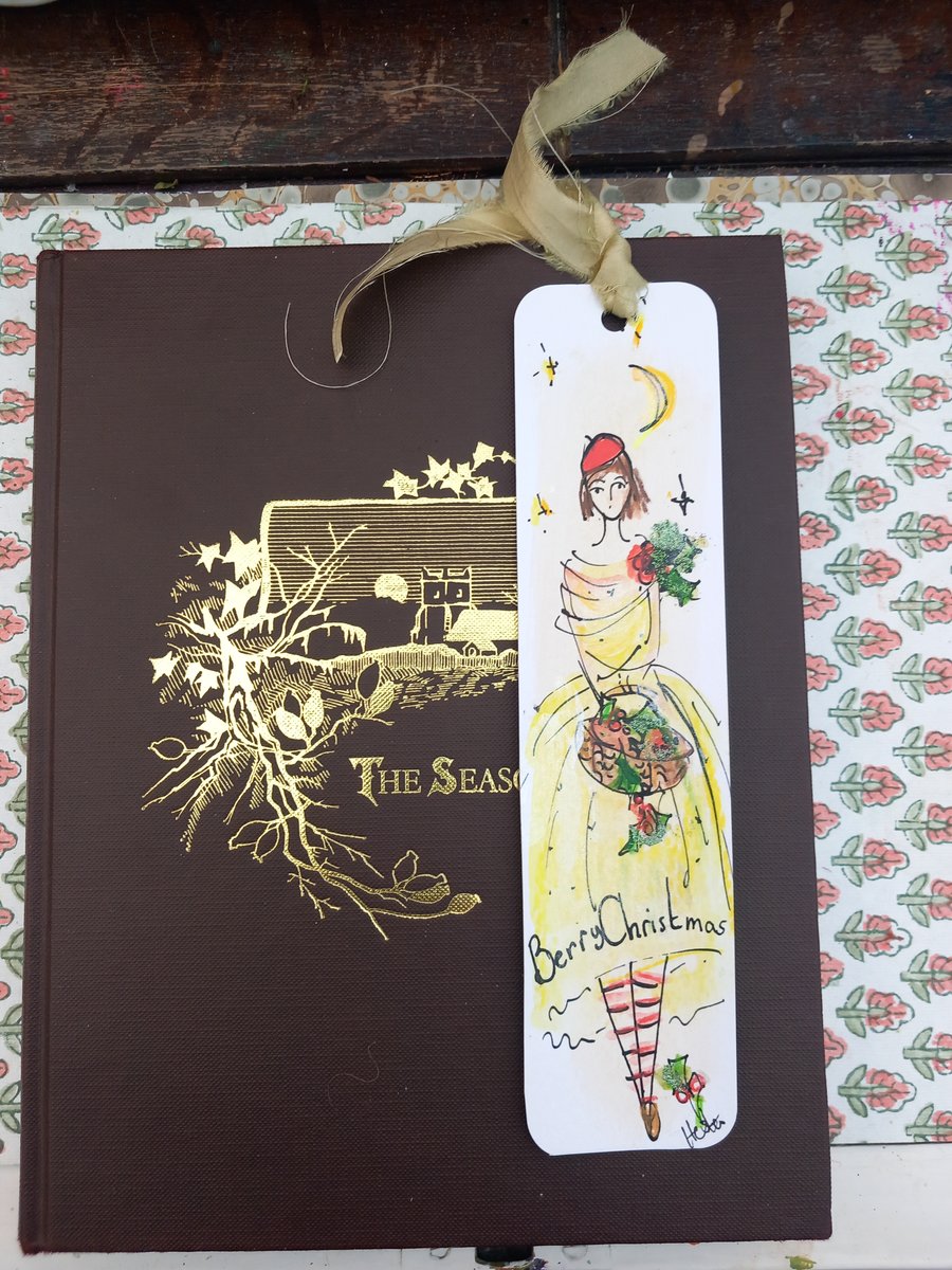  'Berry Christmas ' Hand drawn and painted bookmark with silk ribbon '