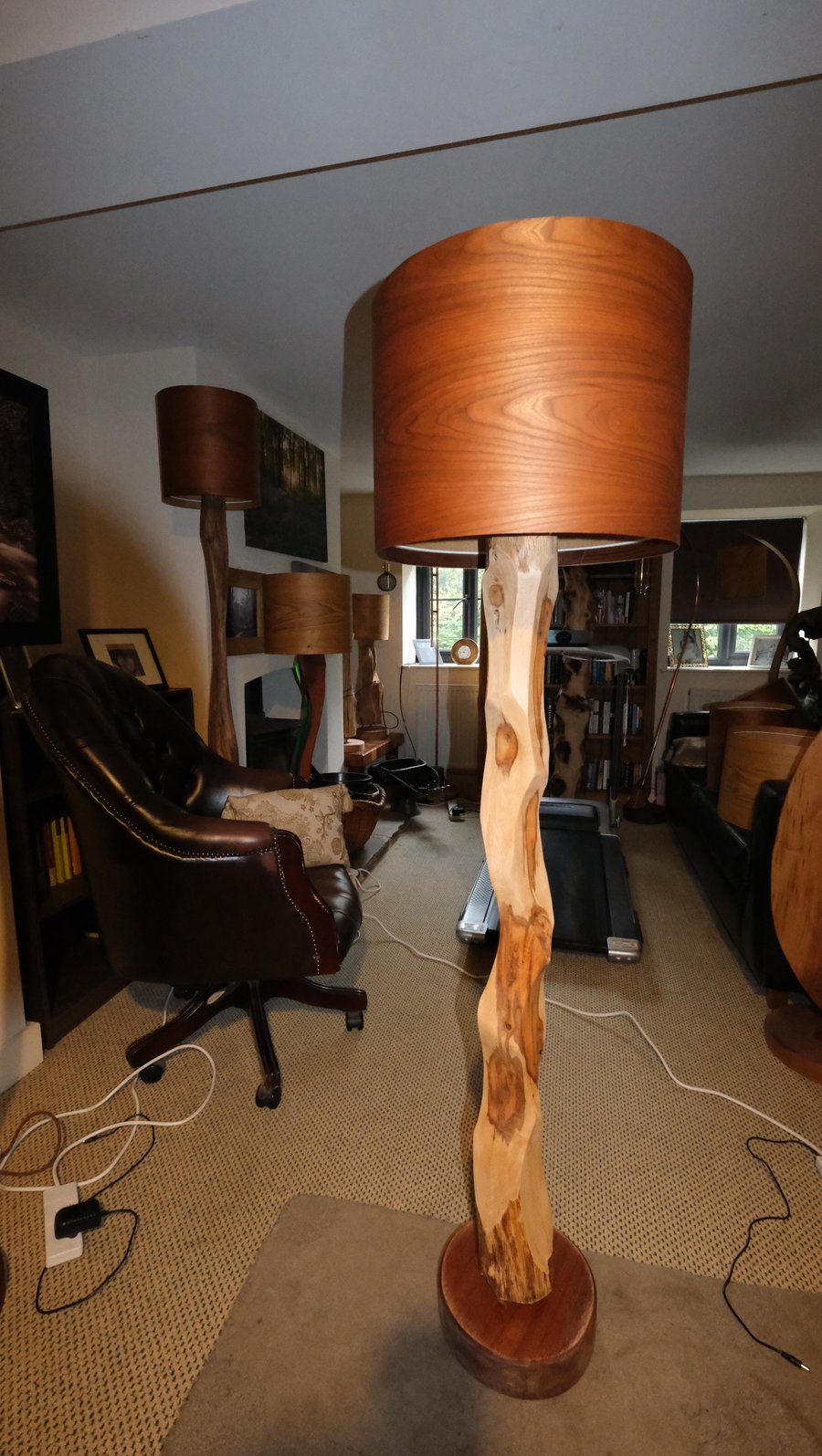 English Yew standard lamp with a cherry veneer lampshade