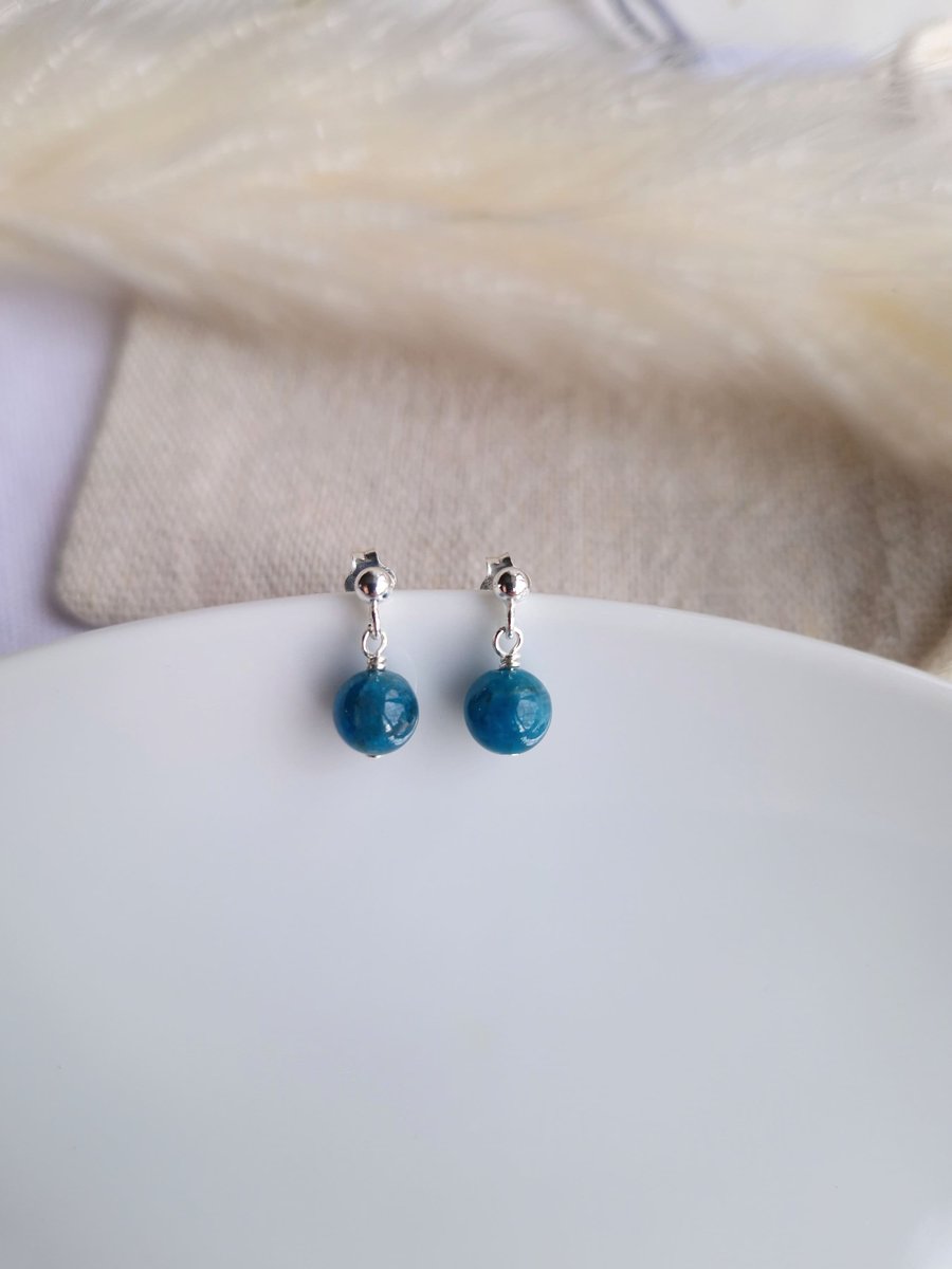 Tiny dainty blue apatite gemstone and sterling silver stud drop earrings
