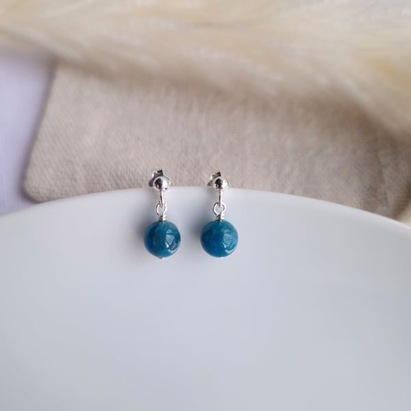 Tiny dainty blue apatite gemstone and sterling silver stud drop earrings