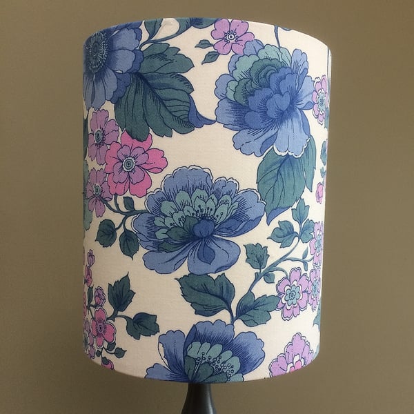 A Flower Power 70s RETRO LiLac and Blue Vintage Fabric Lampshade