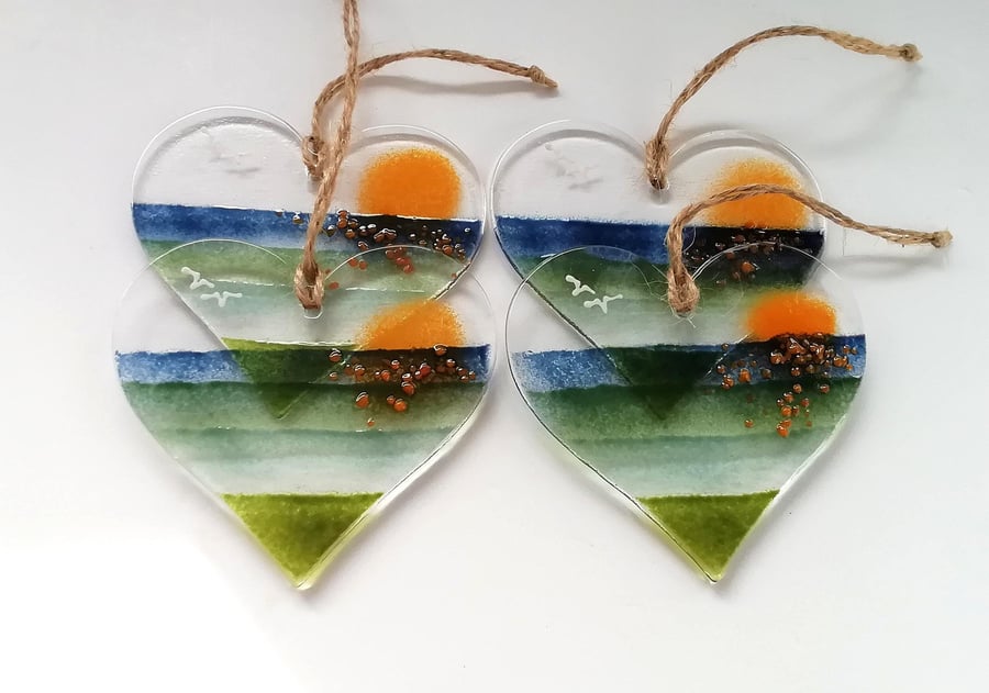 Heart suncatcher, fused glass heart, sunset hanger, small gift, glass art heart.