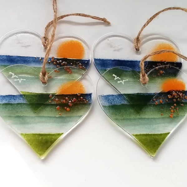 Heart suncatcher, fused glass heart, sunset hanger, small gift, glass art heart.
