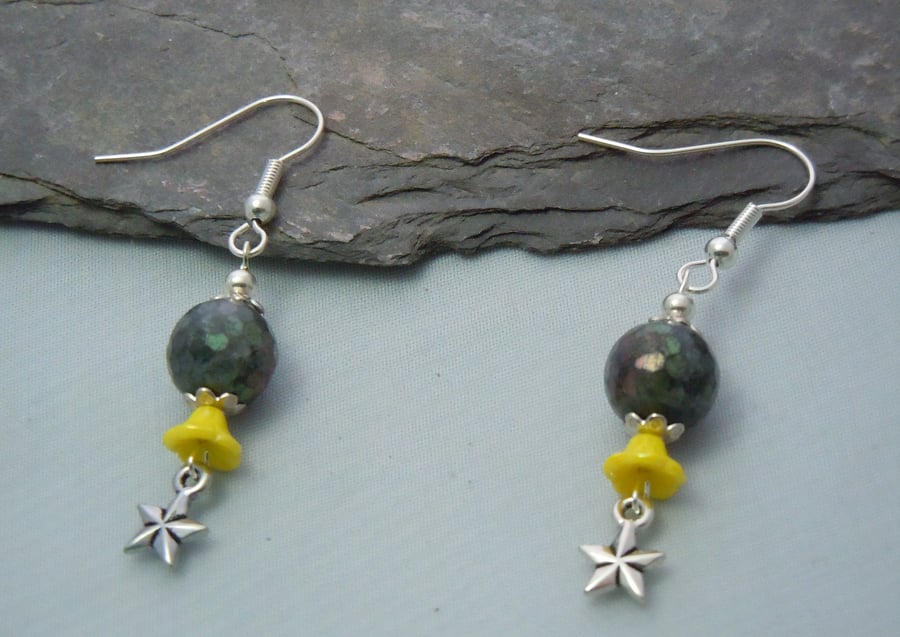 Labradite, Czech glass & star charm earrings