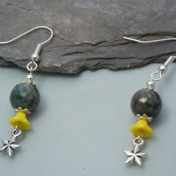 Labradite, Czech glass & star charm earrings