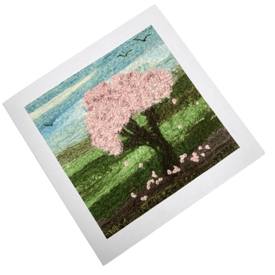 Card, blank greetings card, print of original textile art, blossom tree 5x5