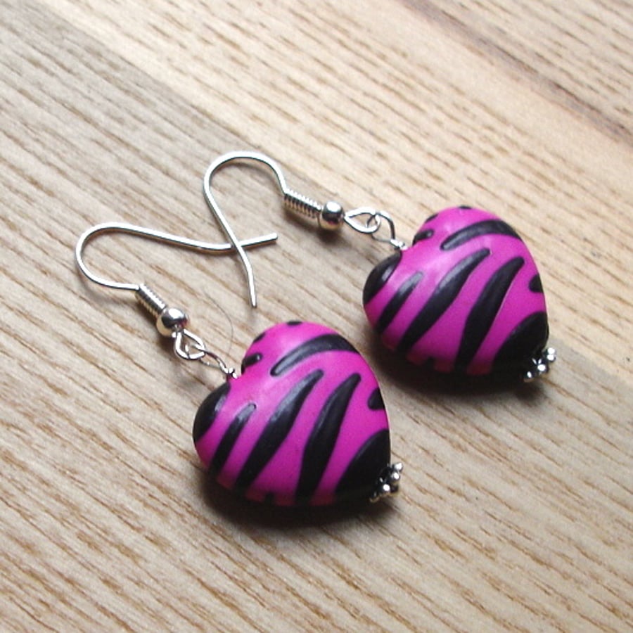 Pink Zebra Print Heart Earrings