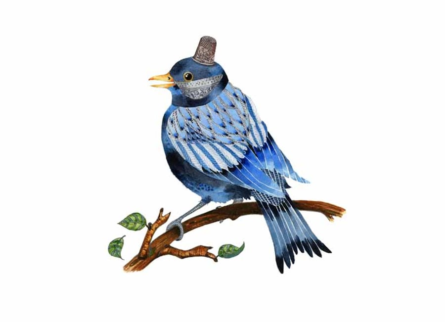Bluebird art print A4 Bluebird in silver thimble hat