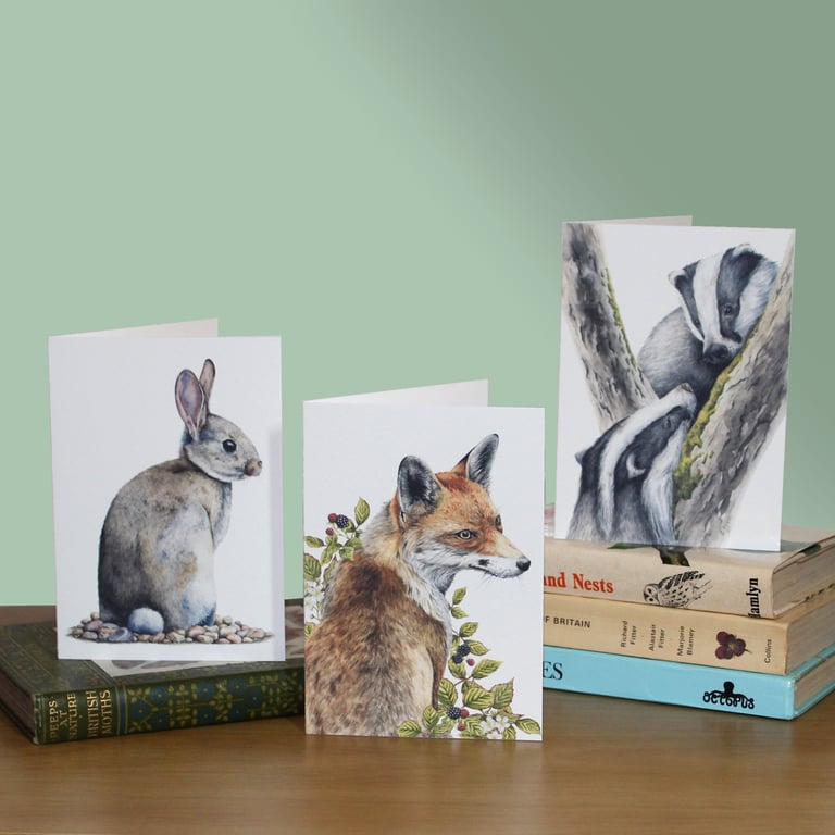 Wildlife greetings cards, pack of 3, A6 size blank notelets, fox, badger, rabbit