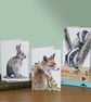 Wildlife greetings cards, pack of 3, A6 size blank notelets, fox, badger, rabbit