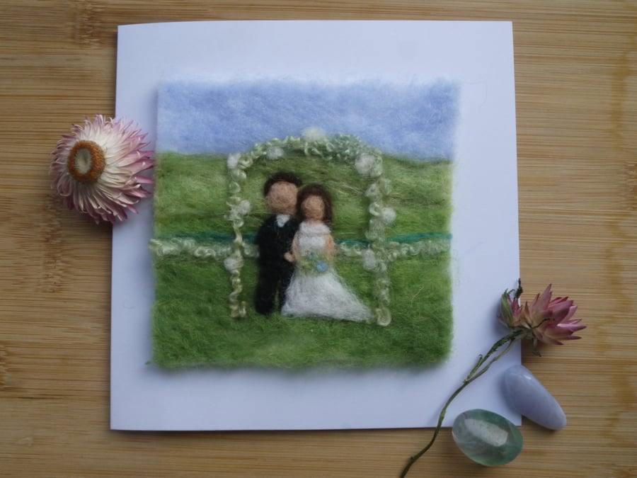 Handmade needle felted Wedding Couple greetings Card