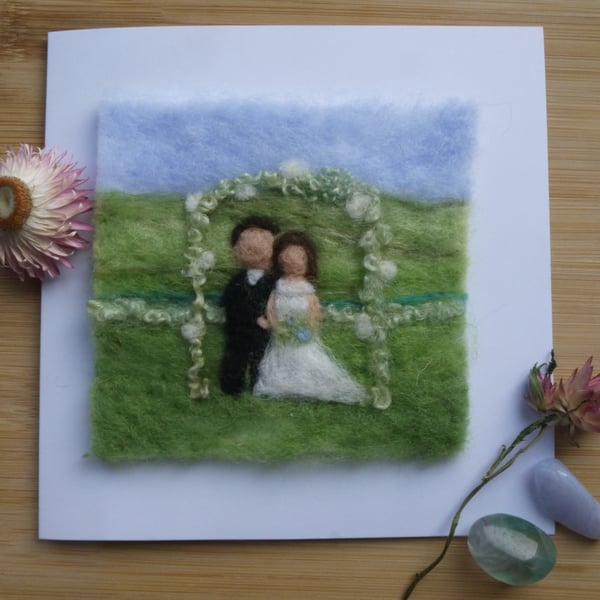 Handmade needle felted Wedding Couple greetings Card