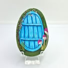 Blue Fairy Door with Pink Mushrooms Rock Art