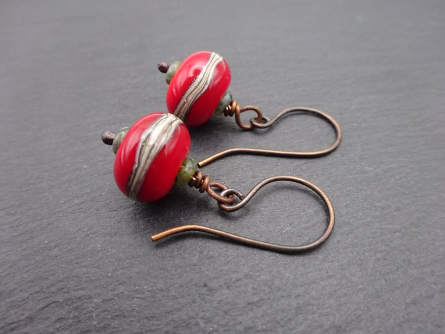 lampwork glass earrings, red and copper jewellery