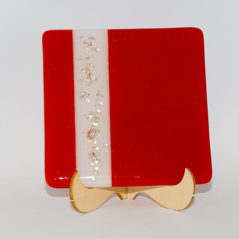 Red and White Fused Glass Coaster - 9305