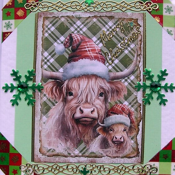 Hand Crafted Decoupage Chistmas Card - Merry Christmas (2726) - Highland Cow