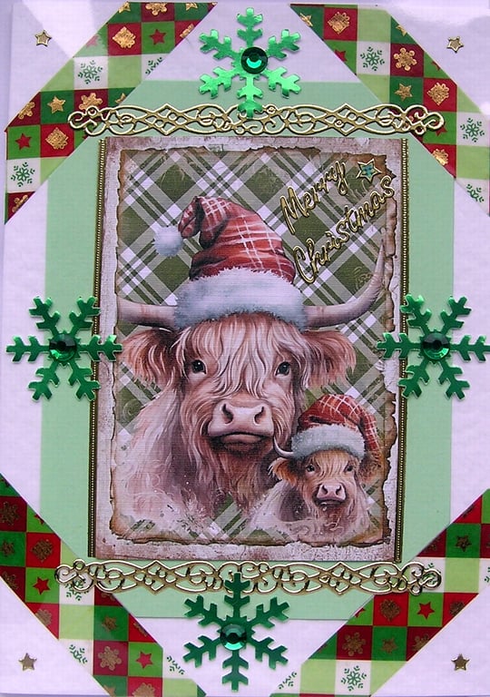 Hand Crafted Decoupage Chistmas Card - Merry Christmas (2726) - Highland Cow