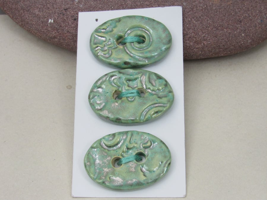 3 Medium Oval Verdigris Green Brocade Pattern Handmade Ceramic Buttons