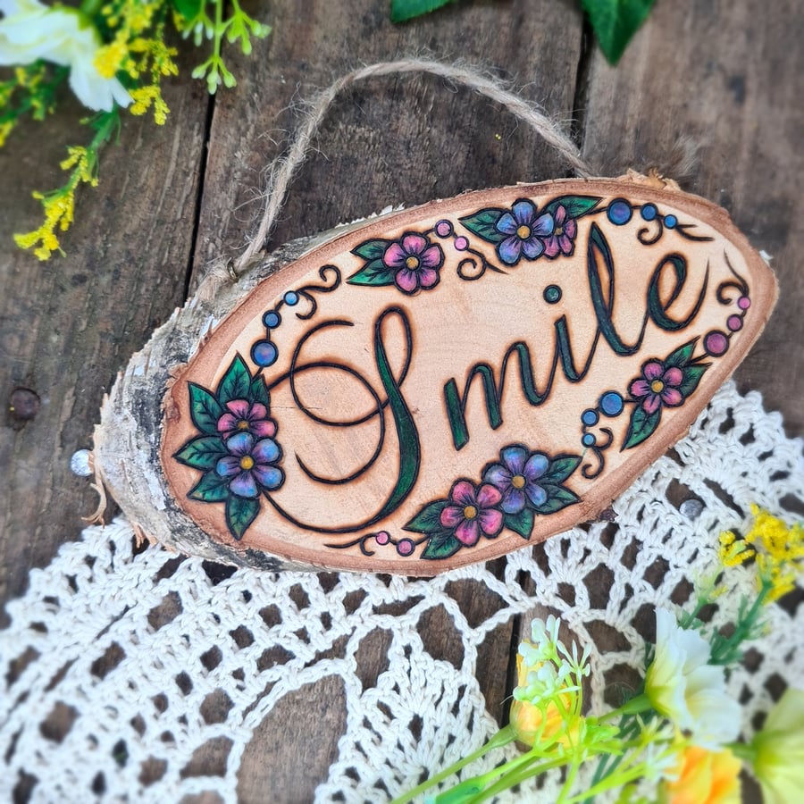 'Smile' Wood pyrography plaque