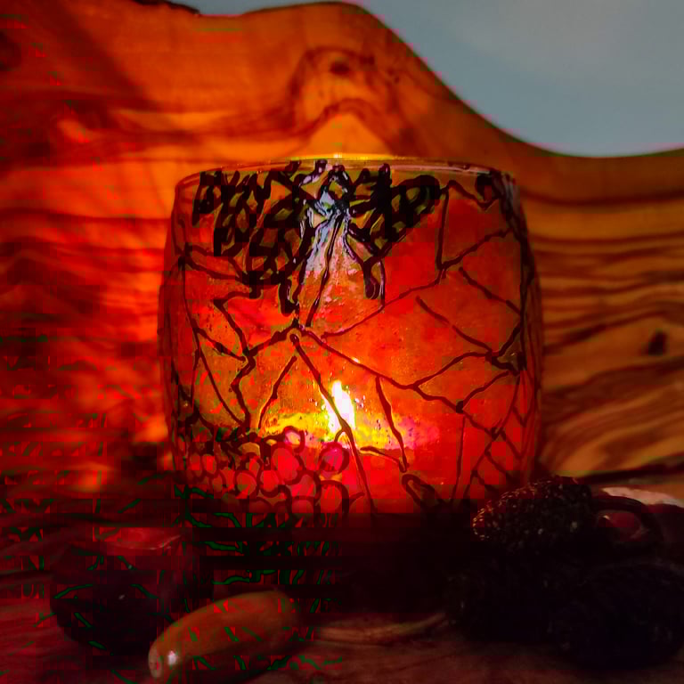 Stained glass effect handmade glass painted candle holder with autumn leaves 