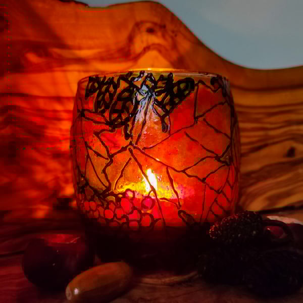 Stained glass effect handmade glass painted candle holder with autumn leaves 