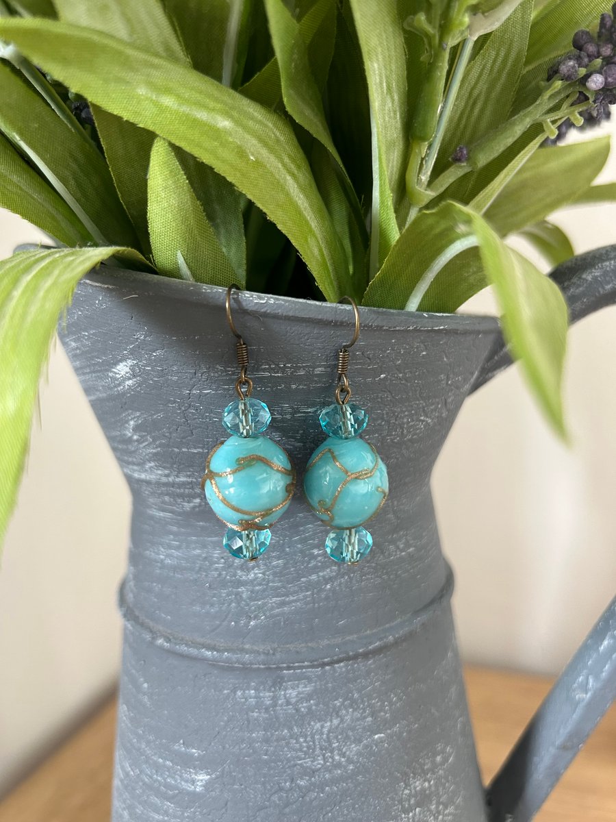 Pair of Earrings Blue Glass Beads Black Hooks 