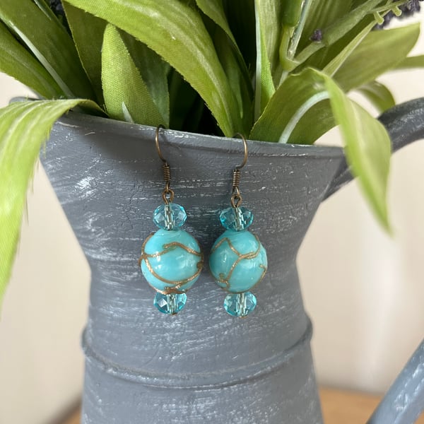 Pair of Earrings Blue Glass Beads Black Hooks 