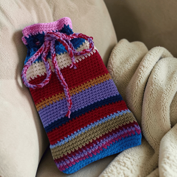 Cosy Crocheted Hot Water Bottle Cover, Drawstring Closure, Random Stripes 