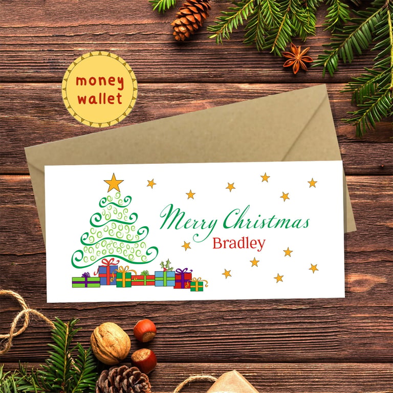 Merry Christmas Money Wallet Card - personalised, cash gift, money envelope