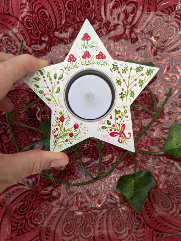 Toadstool and Holly Berry hand-painted battery light tealight holder 