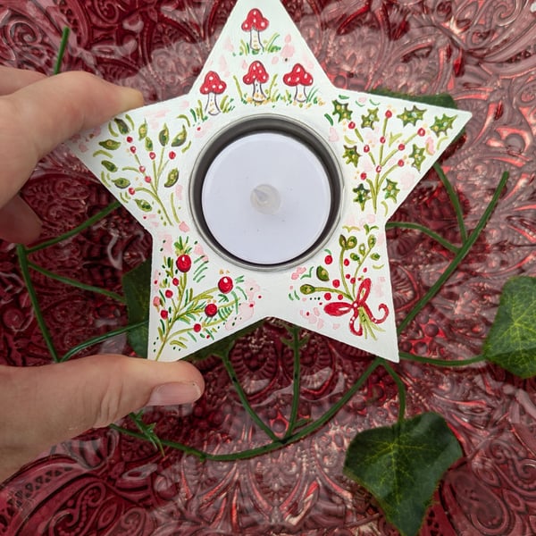 Toadstool and Holly Berry hand-painted battery light tealight holder 