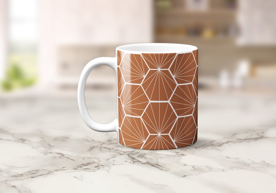 Hazel and White Hexagon Design Mug, Tea Coffee Cup
