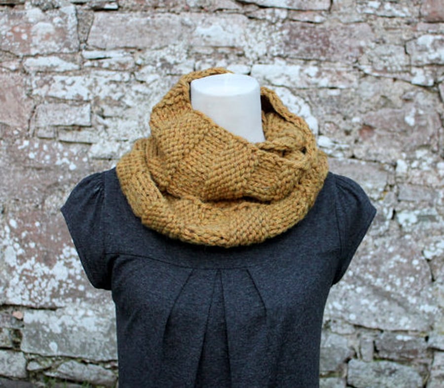 Mustard loop scarf snood, neckwear, gift guide, knitwear UK