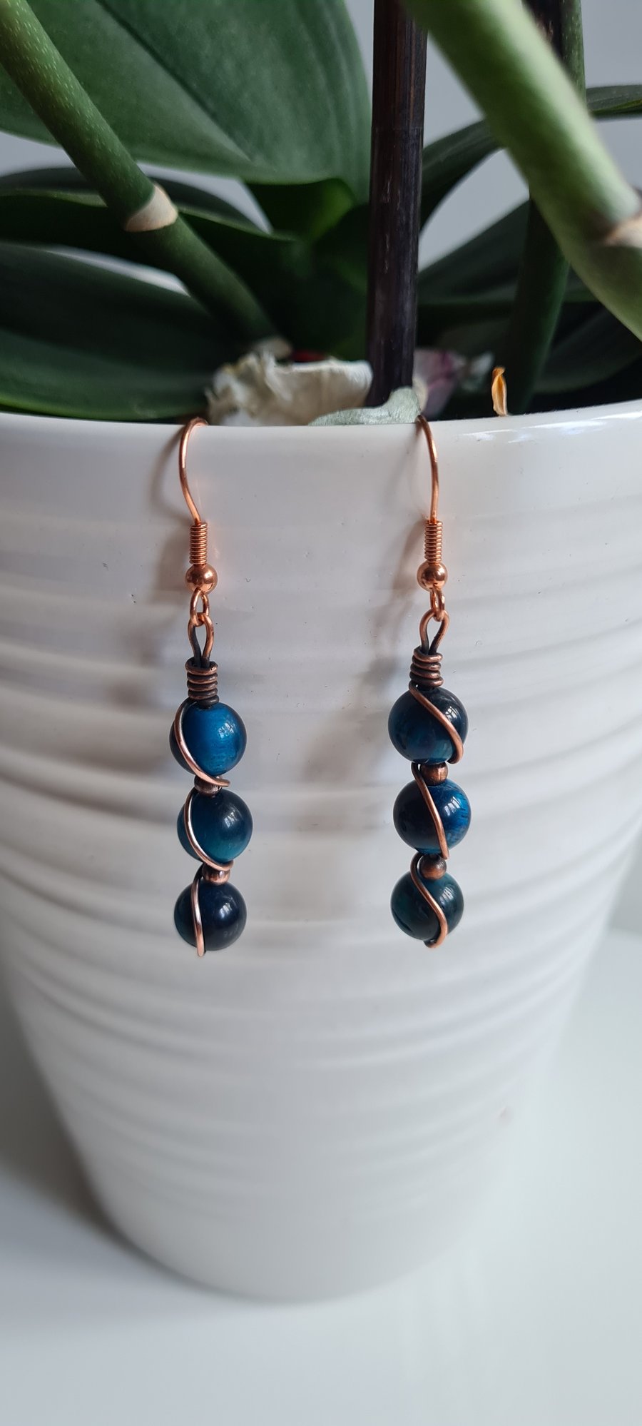 Blue Tiger's Eye & Copper Dangle Drop Earrings Gift Boxed Crystal Jewellery 