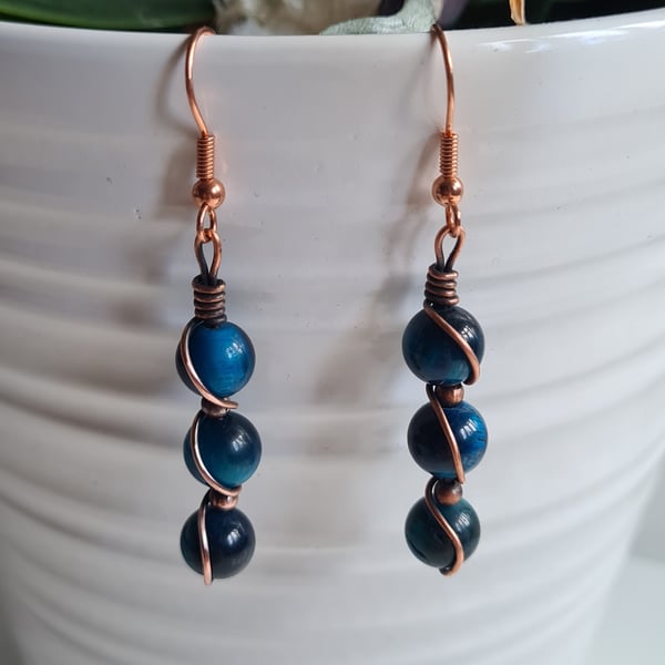 Blue Tiger's Eye & Copper Dangle Drop Earrings Gift Boxed Crystal Jewellery 