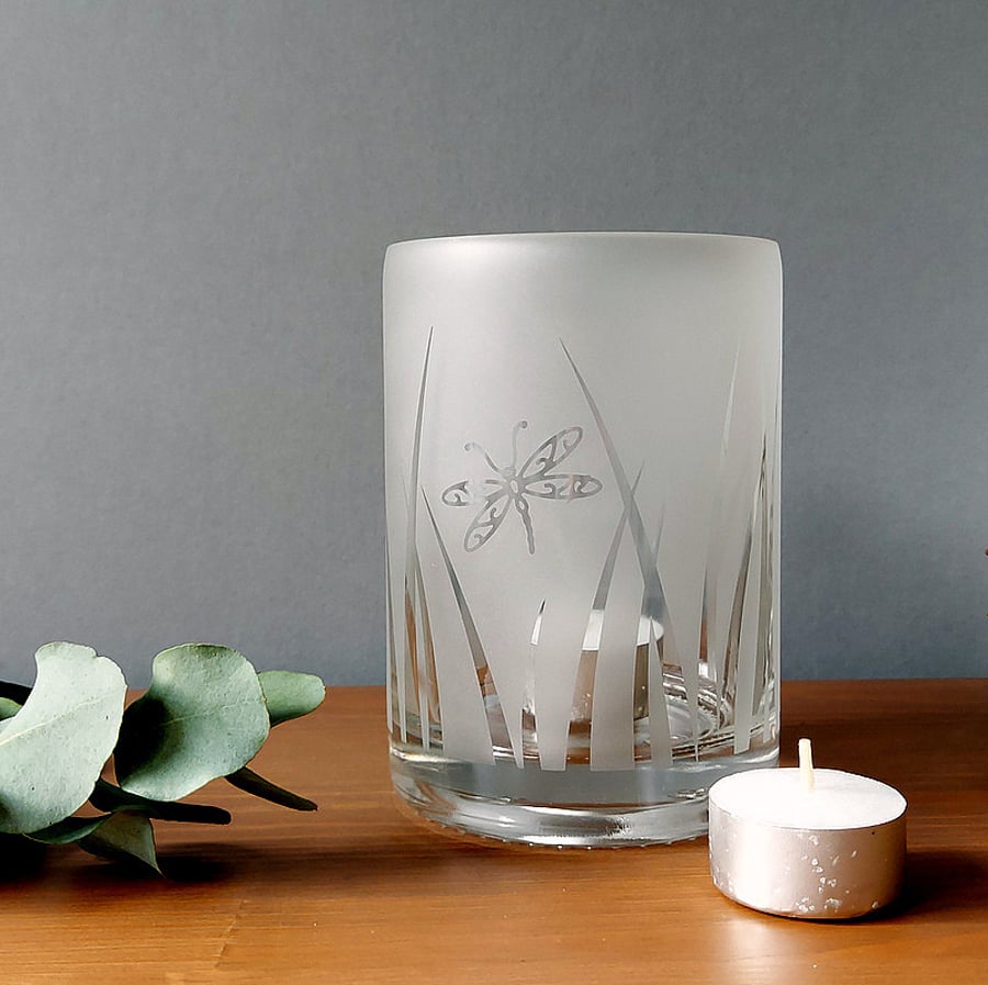 Recycled bottle tealight holder, etched clear glass with dragonfly design