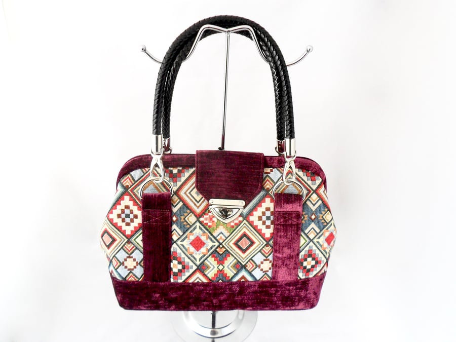 Red velour and tapestry handbag