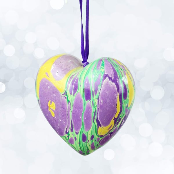 Purple yellow green spring hanging marbled ceramic heart decoration 